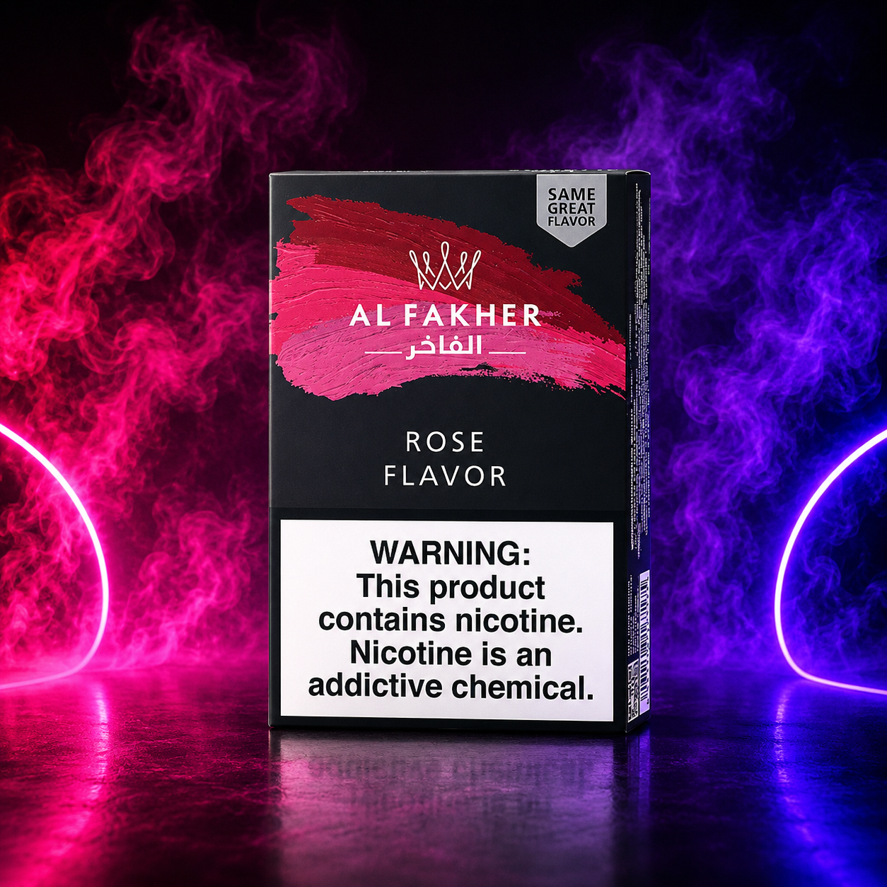 Al Fakher Rose hookah tobacco flavor with neon smoke themed background at Pink Smoke Shop