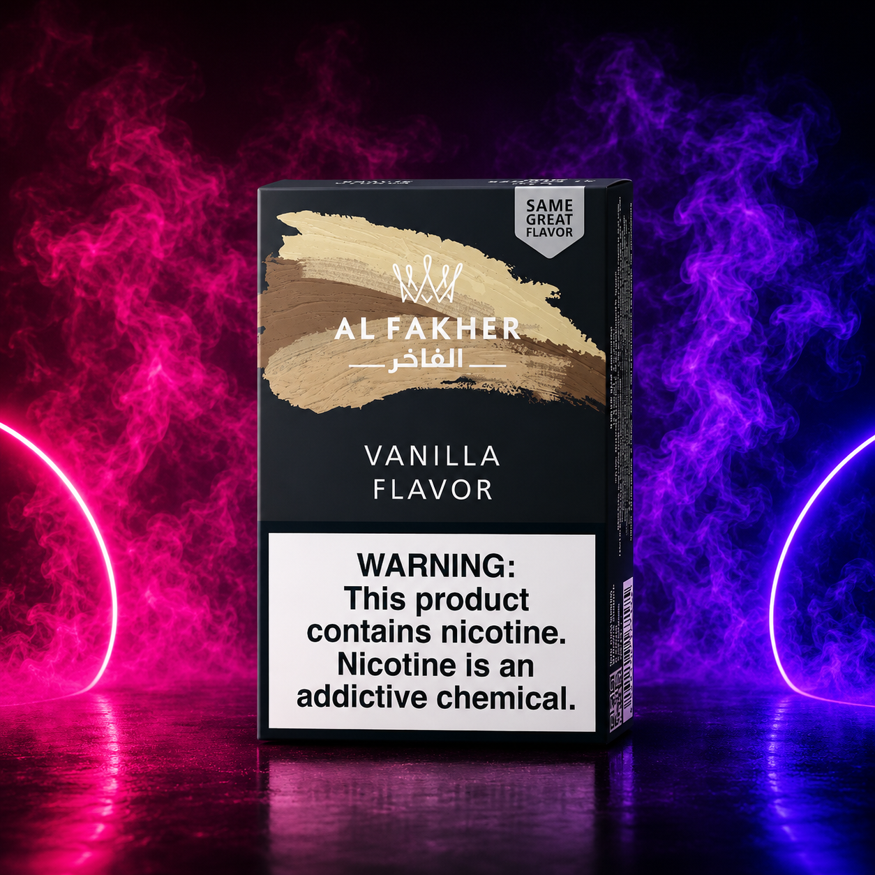 Al Fakher Vanilla hookah tobacco flavor with premium neon pink and purple background at Pink Smoke Shop