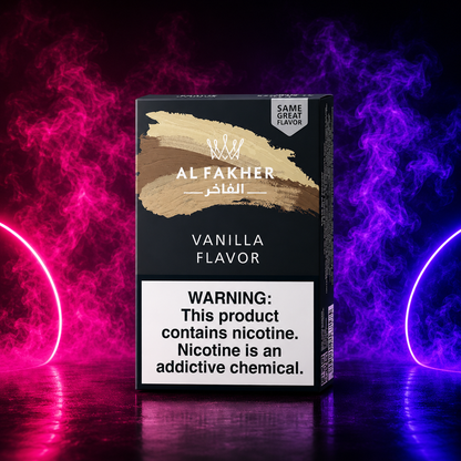 Al Fakher Vanilla hookah tobacco flavor with premium neon pink and purple background at Pink Smoke Shop