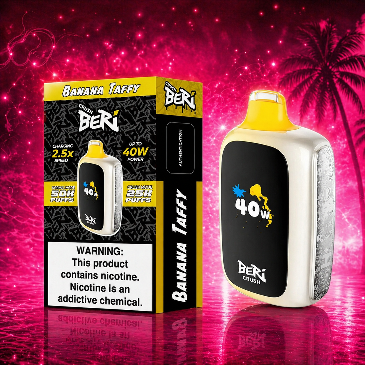 Banana Taffy Beri Crush disposable vape 25000 puffs with neon pink background high performance vape device
