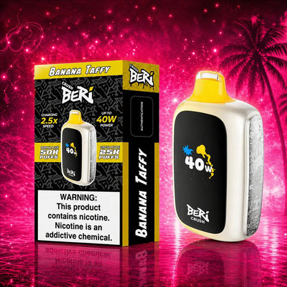 Banana Taffy Beri Crush disposable vape 25000 puffs with neon pink background high performance vape device
