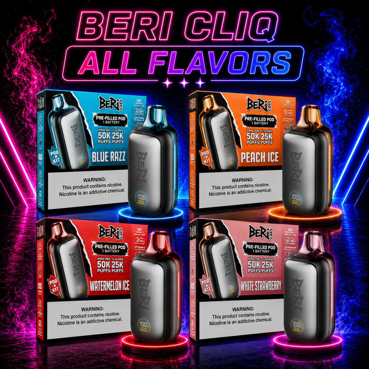 BERI CLIQ All Flavors disposable vape collection featuring Blue Razz, Peach Ice, Watermelon Ice, and White Strawberry 50,000 puffs pod kits available at Pink Smoke Shop.