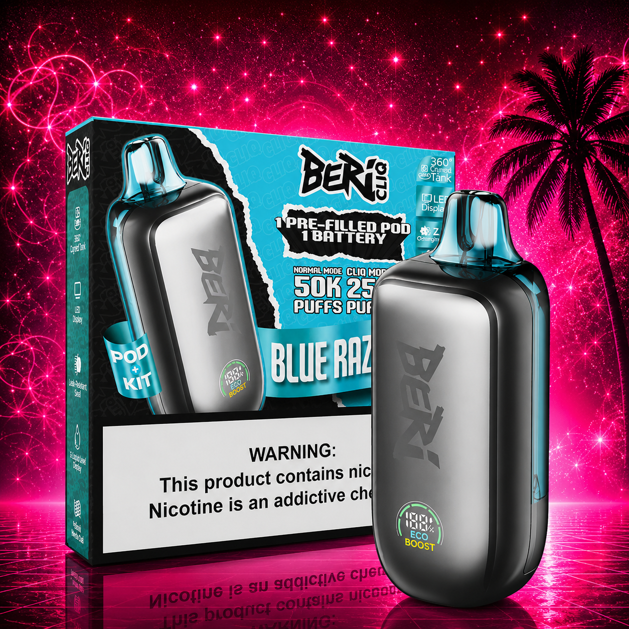 Beri Cliq Pod Kit Blue Razz Ice 50000 Puffs disposable vape with rechargeable battery and pre-filled pod displayed with retail packaging at Pink Smoke Shop Miami.