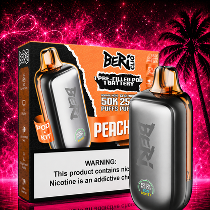 Beri Cliq Pod Kit Peach Ice 50000 Puffs disposable vape with rechargeable battery and pre-filled pod displayed with retail packaging at Pink Smoke Shop Miami.