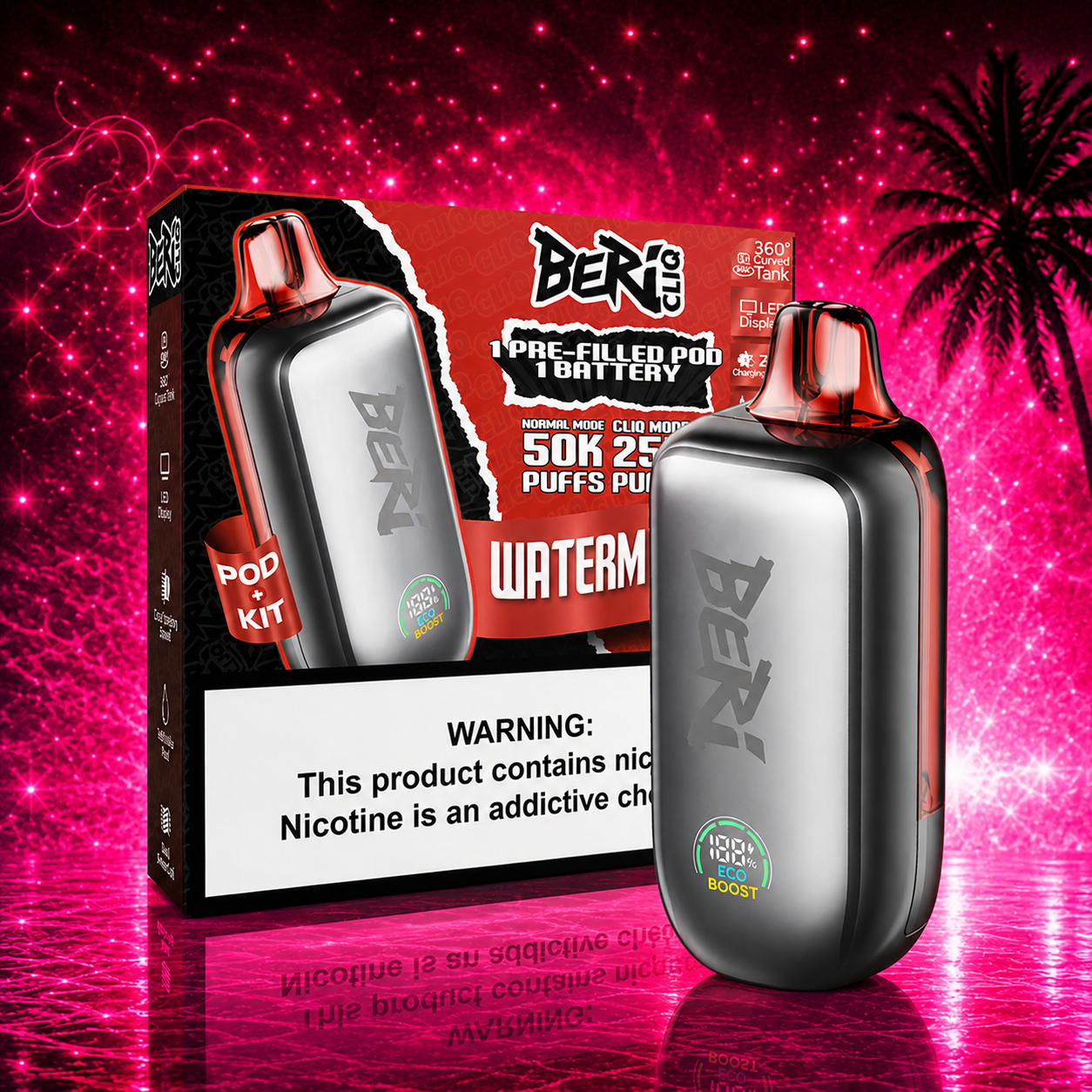 Beri Cliq Pod Kit Watermelon Ice 50000 Puffs disposable vape with rechargeable battery and pre-filled pod displayed with retail packaging at Pink Smoke Shop Miami.