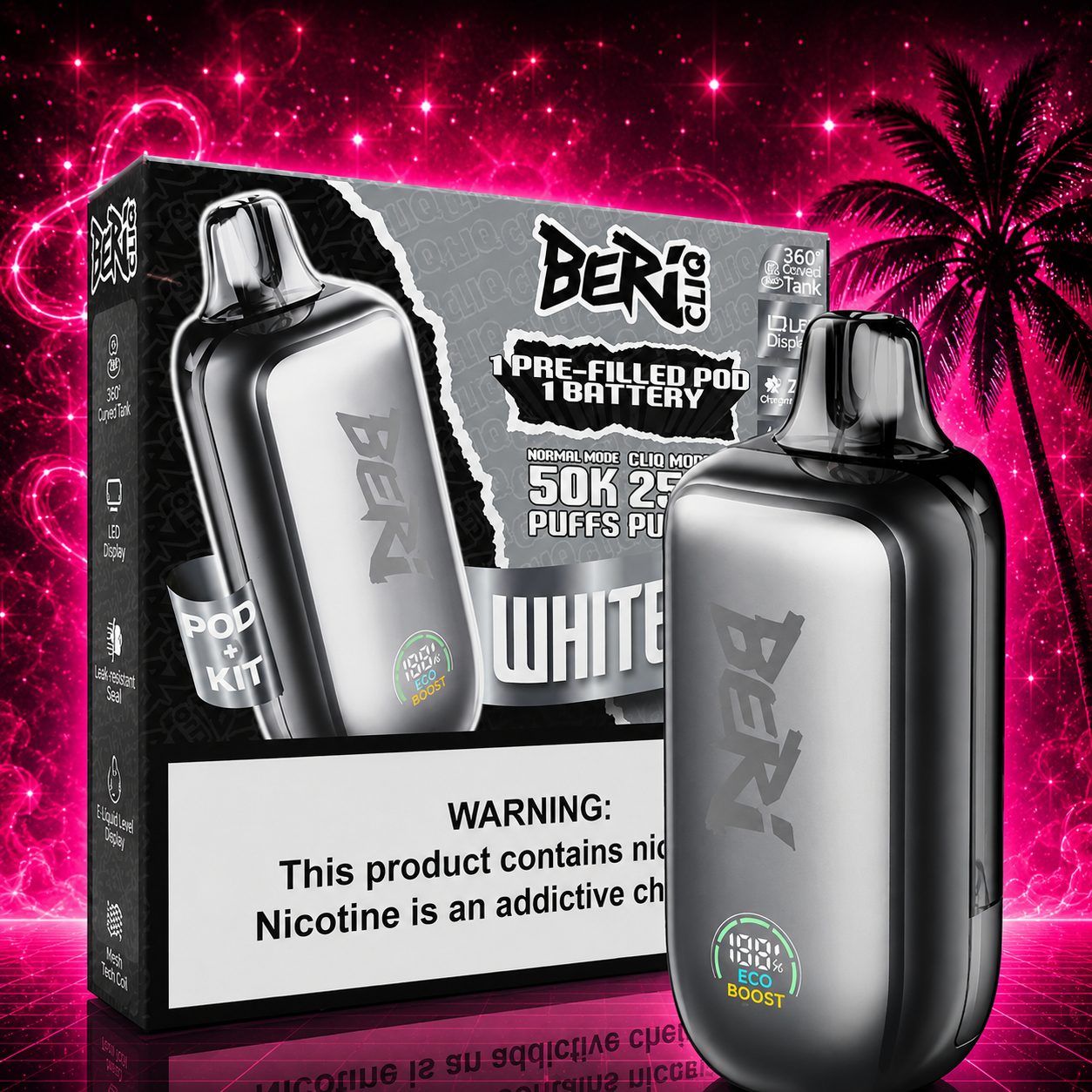 Beri Cliq Pod Kit White Gemi 50000 Puffs disposable vape with rechargeable battery and pre-filled pod displayed with retail packaging at Pink Smoke Shop Miami.
