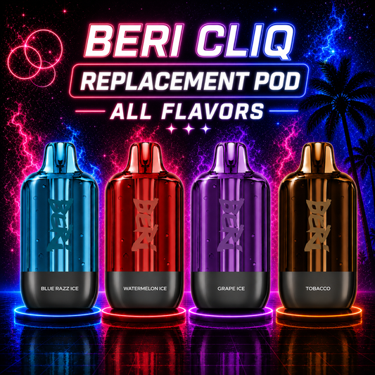 BERI CLIQ Replacement Pod All Flavors collection featuring Blue Razz Ice, Watermelon Ice, Grape Ice, and Tobacco replacement pods for the BERI CLIQ pod system.