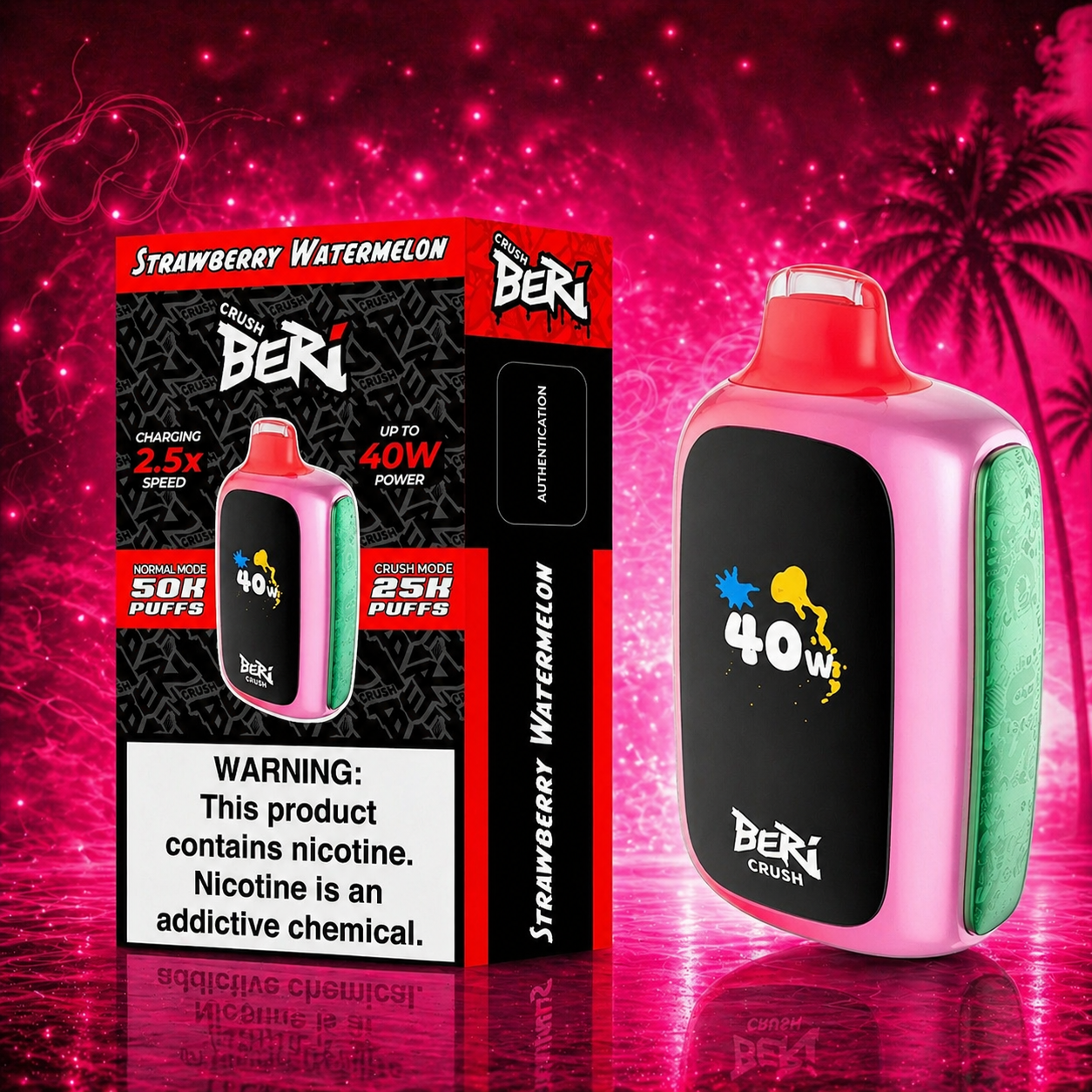 Beri Crush Strawberry Watermelon 50000 puffs 40W disposable vape with Razz style pink background high quality product image