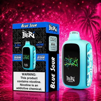 
Beri Crush Blue Sour 50000 puffs disposable vape with neon pink Raz-style background, featuring vibrant cyan device and product box on glossy reflective surface