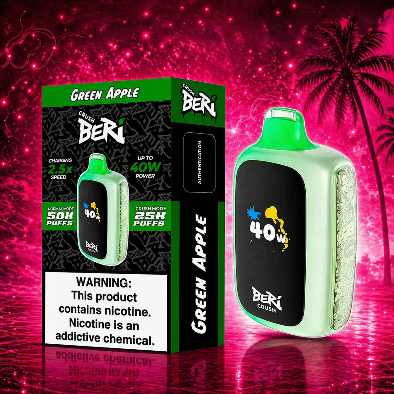 
Beri Crush Green Apple 50000 puffs disposable vape with neon pink Raz-style background, featuring bright green device and product box on glossy reflective surface