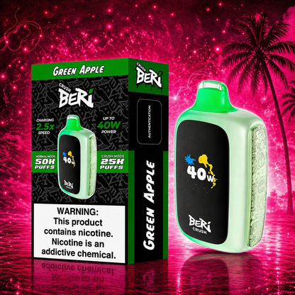 
Beri Crush Green Apple 50000 puffs disposable vape with neon pink Raz-style background, featuring bright green device and product box on glossy reflective surface