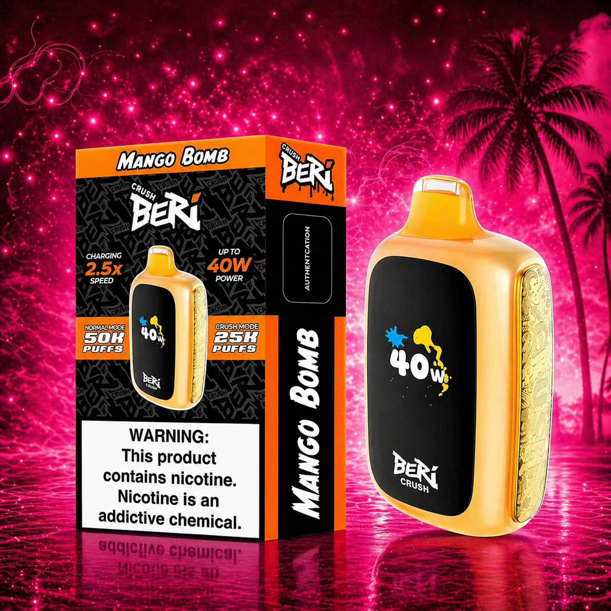 Beri Crush Mango Bomb vape 50000 puffs 40W disposable device with pink neon tropical background, high puff performance