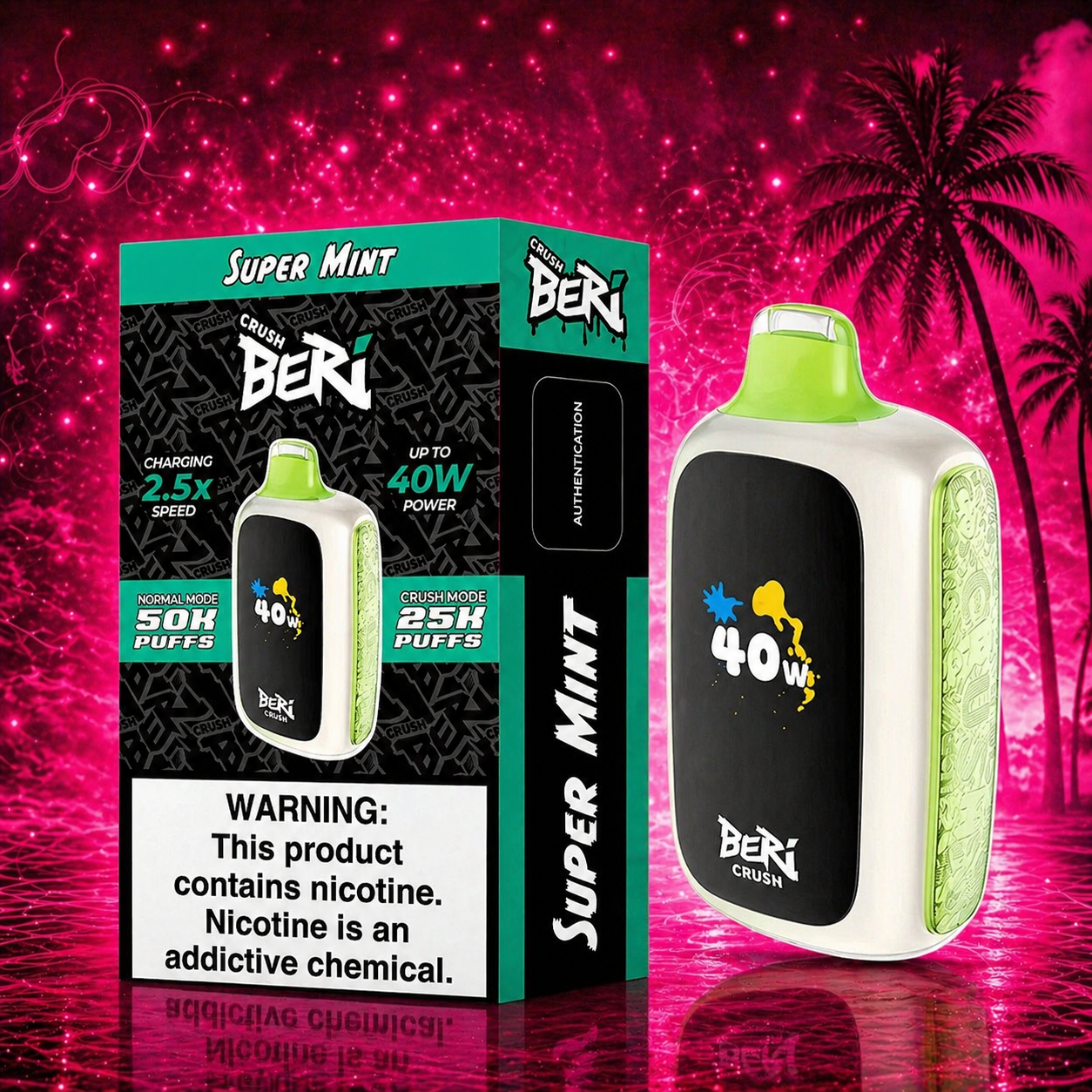 
Beri Crush Super Mint 50000 puffs disposable vape with neon pink Raz-style background, featuring light green and white device and product box on glossy reflective surface