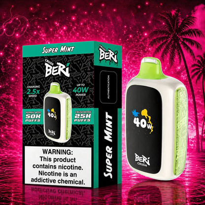 
Beri Crush Super Mint 50000 puffs disposable vape with neon pink Raz-style background, featuring light green and white device and product box on glossy reflective surface
