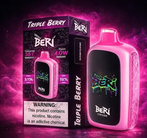 BERI Crush Triple Berry disposable vape with retail box, rechargeable device, premium neon display background, available at Pink Smoke Shop