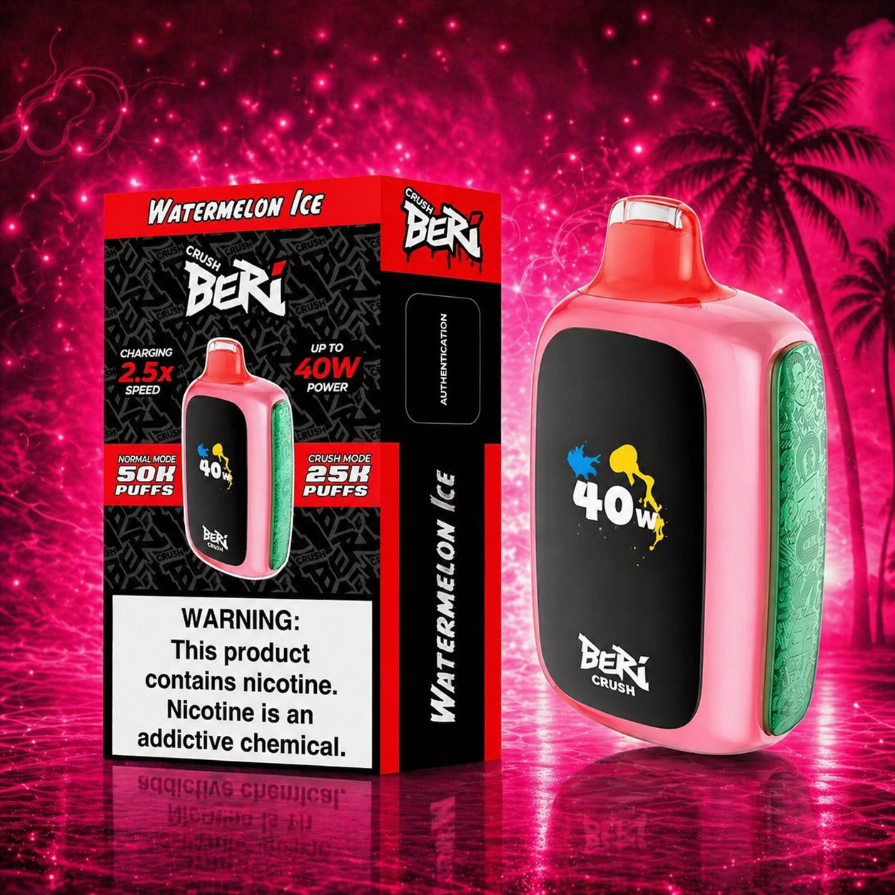 Beri Crush Watermelon Ice 50000 puffs 40W disposable vape with Razz style pink neon background high quality product image