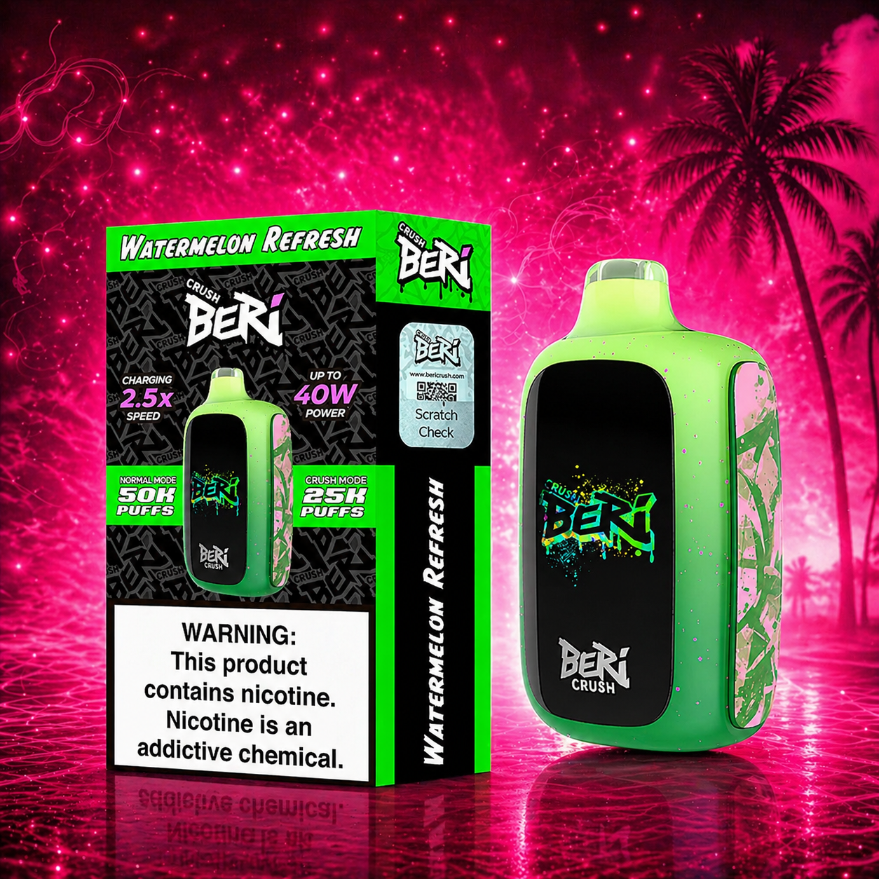 Beri Crush Watermelon Refresh 50000 puffs 40W disposable vape with pink neon background high quality product image