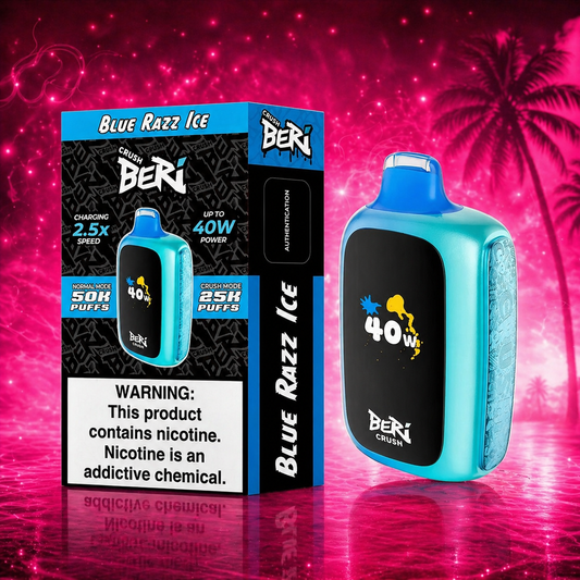 Blue Razz Ice Beri Crush disposable vape 25000 puffs with neon pink background high performance vape device
