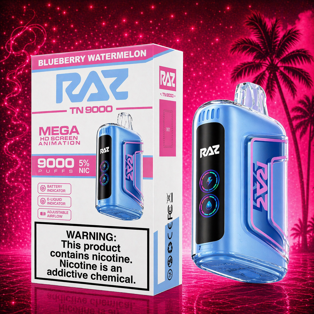 RAZ TN 9000 vape device blueberry watermelon and packaging on a vibrant pink background with palm trees.