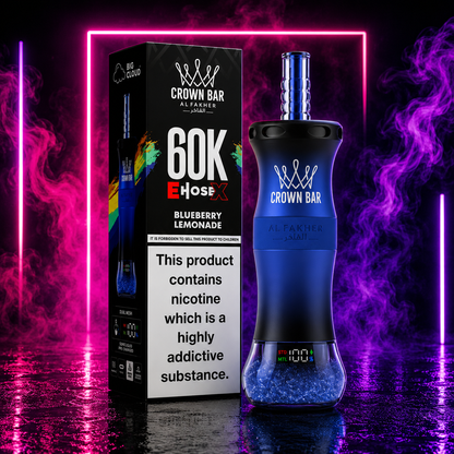 Crown Bar Al Fakher 60K E-Hose X Blueberry Lemonade disposable vape with premium neon background, rechargeable disposable vape featuring up to 60000 puffs and digital display.