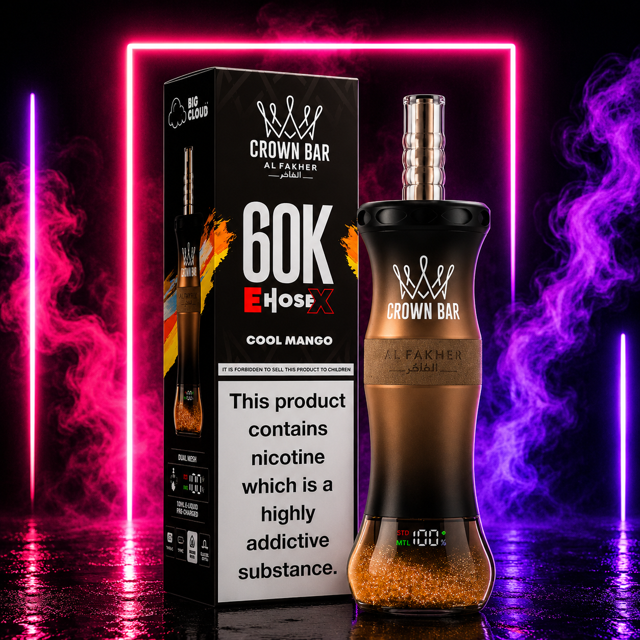 Crown Bar Al Fakher 60K E-Hose X Cool Mango disposable vape with premium neon background, rechargeable disposable vape featuring up to 60000 puffs, dual mesh coil and digital display.