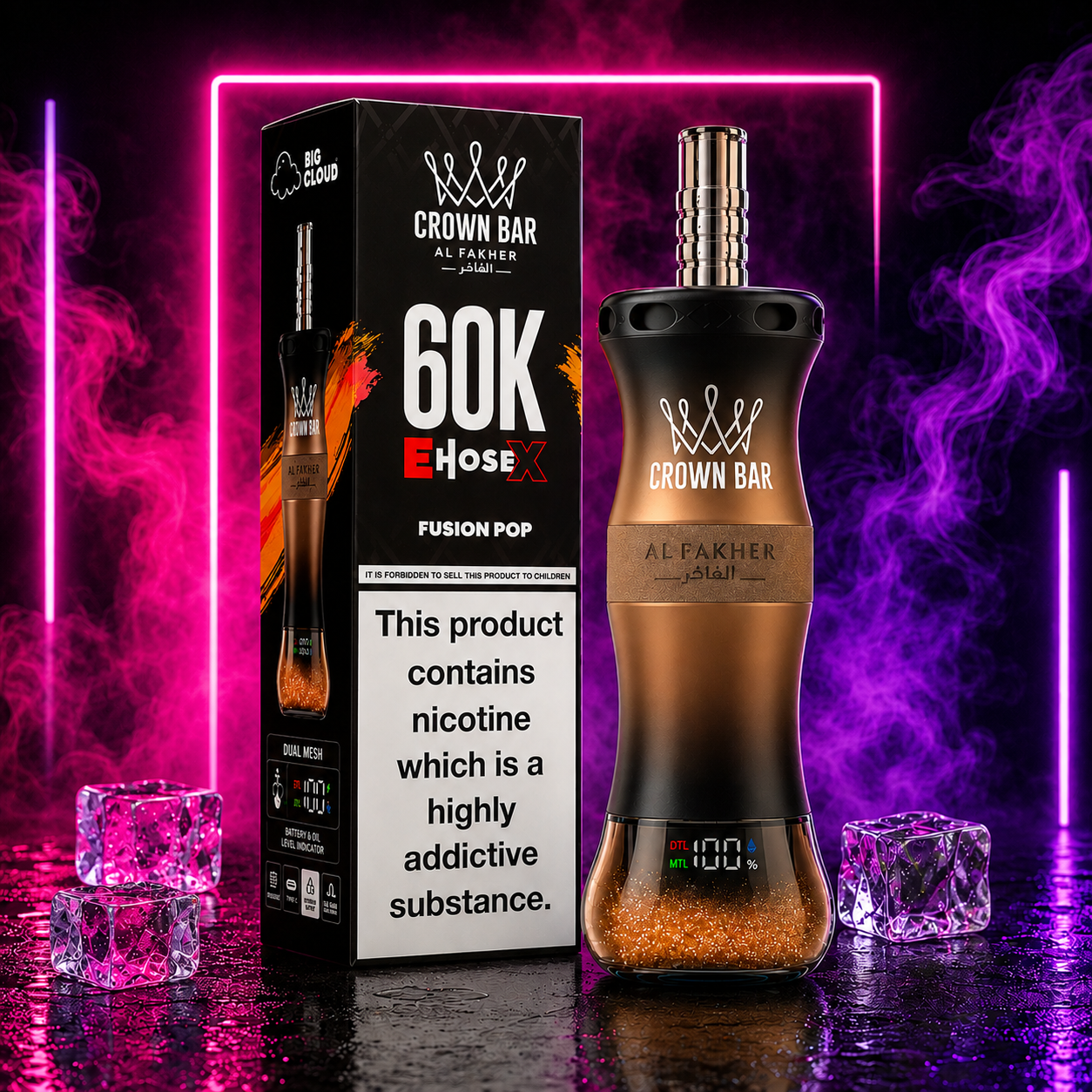 Crown Bar Al Fakher 60K E-Hose X Fusion Pop disposable vape with premium neon background, rechargeable disposable device featuring up to 60000 puffs and modern display.