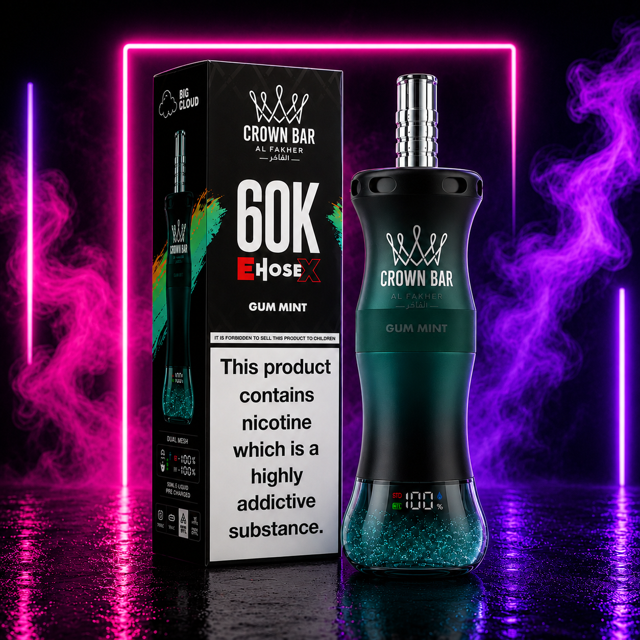 Crown Bar Al Fakher 60K E-Hose X Gum Mint disposable vape with premium neon background, rechargeable disposable vape featuring up to 60000 puffs, dual mesh coil and digital display.