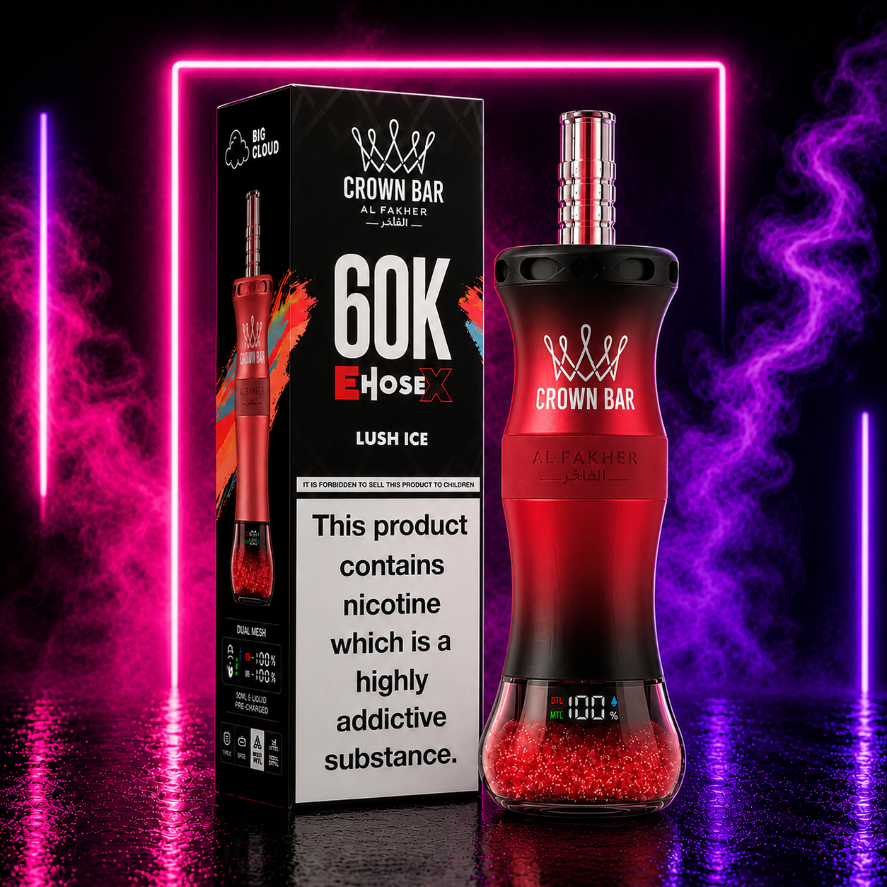 Crown Bar Al Fakher 60K E-Hose X Lush Ice disposable vape with premium neon background, rechargeable disposable vape featuring up to 60000 puffs, dual mesh coil and digital display.