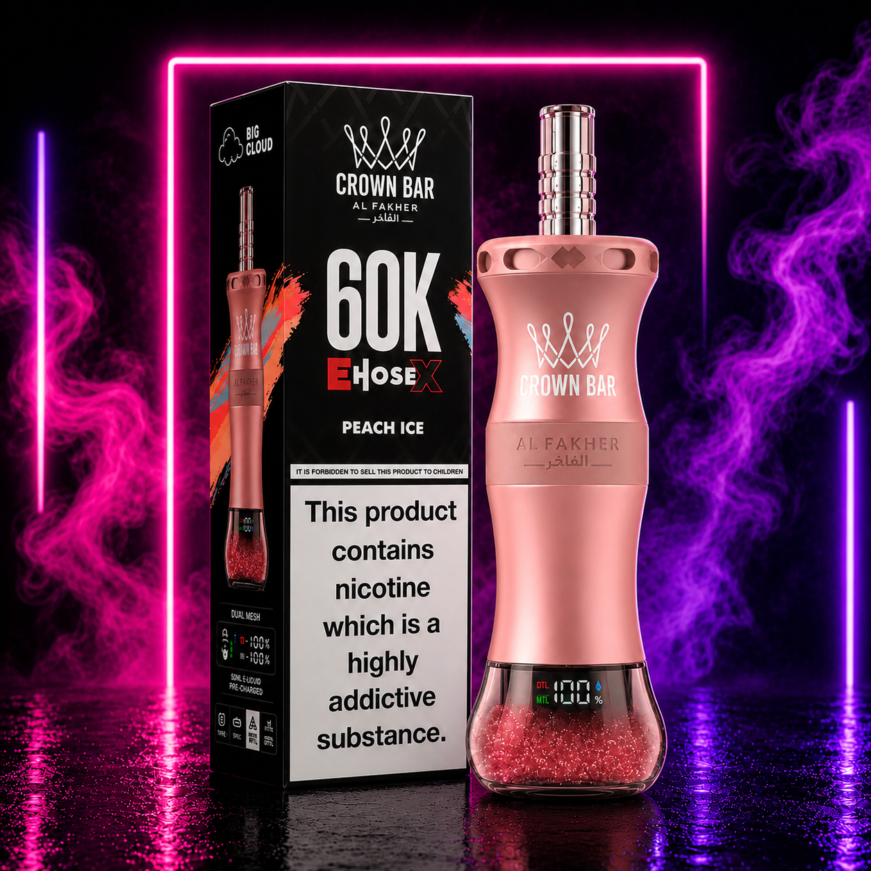 Crown Bar Al Fakher 60K E-Hose X Peach Ice disposable vape with premium neon background, rechargeable disposable vape featuring up to 60000 puffs, dual mesh coil and digital display.