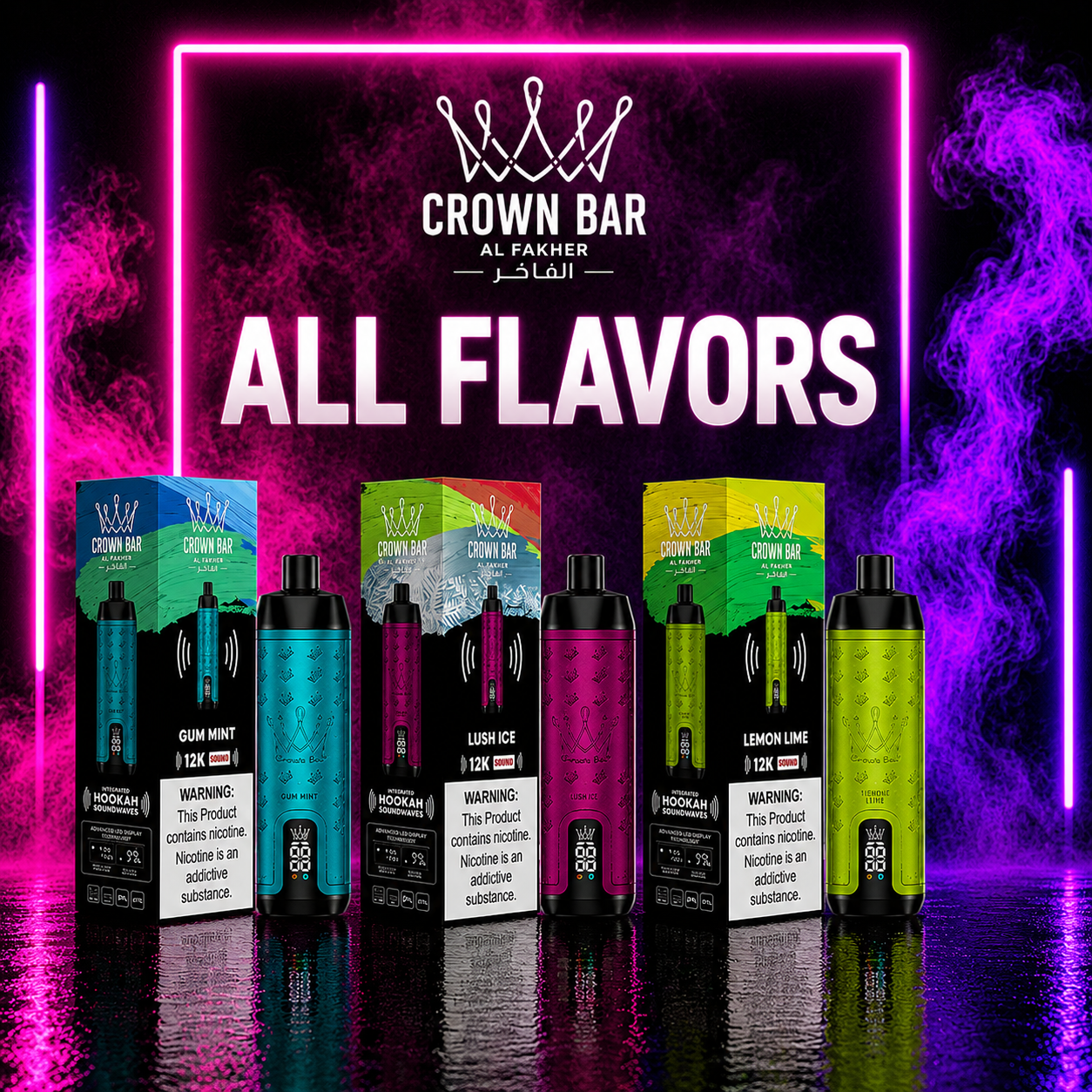 Crown Bar Al Fakher 12000 Puffs disposable vape collection showcasing multiple flavors including Gum Mint, Lush Ice, and Lemon Lime, with LED display, hookah soundwaves technology, premium design, and vibrant neon smoke background available at Pink Smoke Shop.