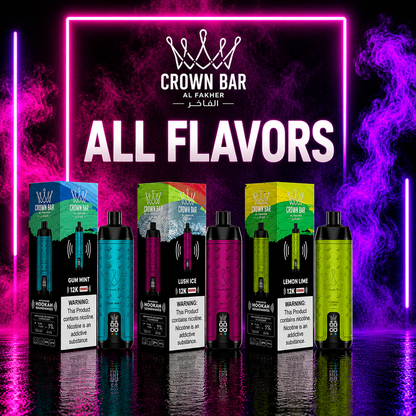 Crown Bar Al Fakher 12000 Puffs disposable vape collection showcasing multiple flavors including Gum Mint, Lush Ice, and Lemon Lime, with LED display, hookah soundwaves technology, premium design, and vibrant neon smoke background available at Pink Smoke Shop.