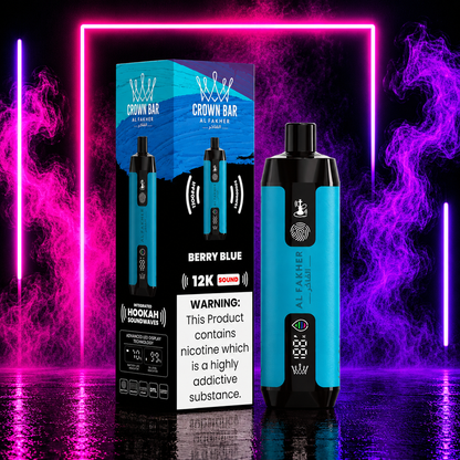 Crown Bar Al Fakher Berry Blue 12000 Puffs disposable vape with neon pink and purple smoke background, premium hookah-inspired vape available at Pink Smoke Shop