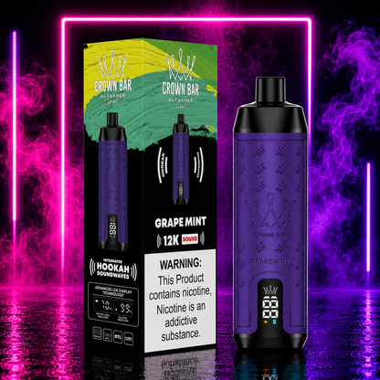 Crown Bar Grape Mint 12000 Puffs disposable vape by Al Fakher featuring grape and mint flavor, LED display, hookah soundwaves technology, and neon pink smoke background, available at Pink Smoke Shop.