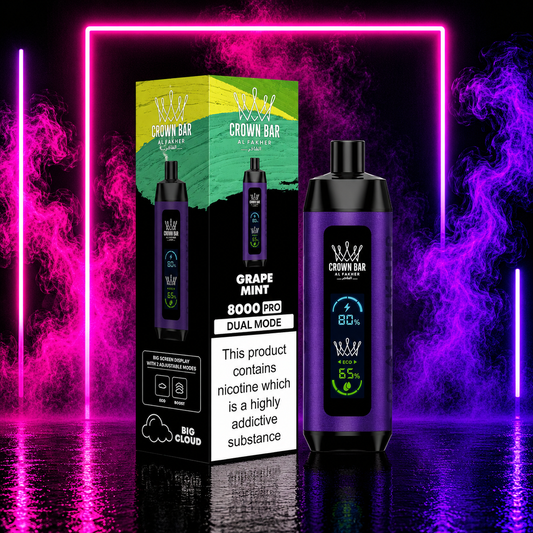 Crown Bar Grape Mint 8000 Pro Dual Mode disposable vape by Al Fakher with LED screen, Eco and Boost settings, rechargeable battery, grape mint flavor, and premium neon smoke background available at Pink Smoke Shop.
