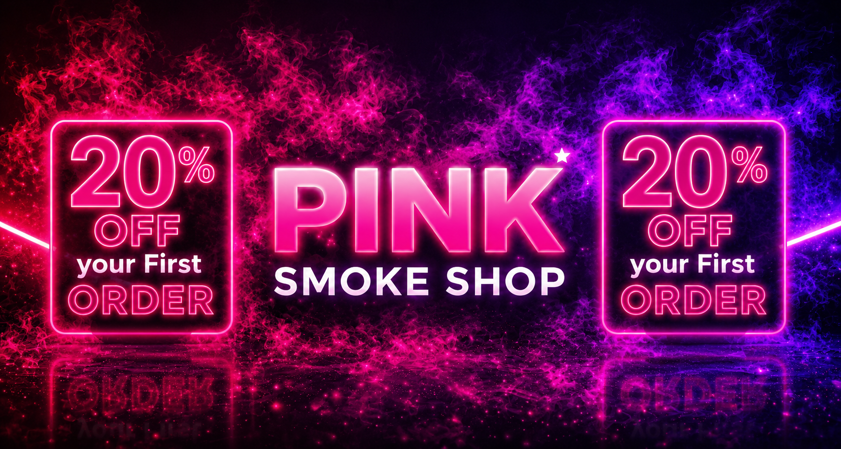 Pink Smoke Shop Miami banner featuring 20% off first order promotion with neon pink and purple smoke background, disposable vape deals, and free U.S. shipping offers.