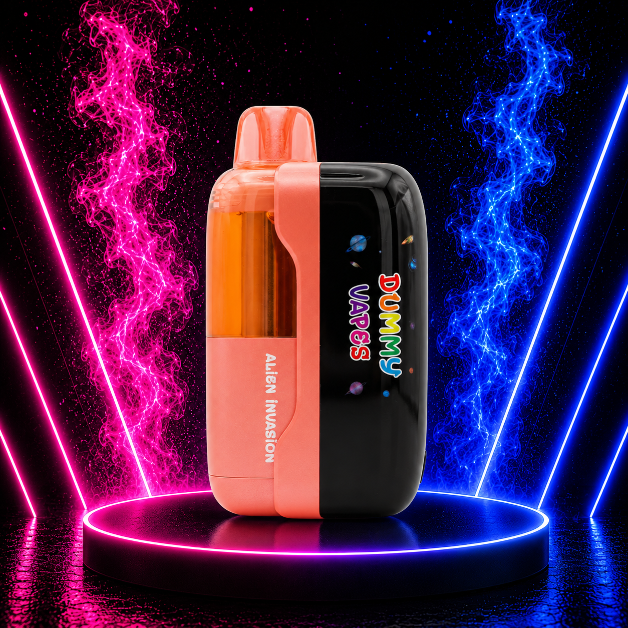 Dummy Vapes Alien Invasion disposable vape with premium flavor and rechargeable device on neon smoke background