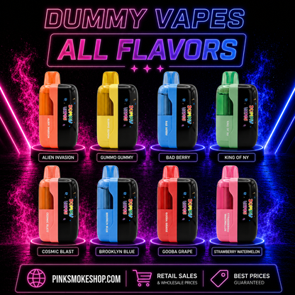 Dummy Vapes All Flavors Disposable Vape collection featuring Alien Invasion, Gummo Gummy, Bad Berry, King of NY, Cosmic Blast, Brooklyn Blue, Gooba Grape, and Strawberry Watermelon available at Pink Smoke Shop.