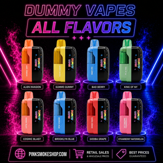 Dummy Vapes All Flavors Disposable Vape collection featuring Alien Invasion, Gummo Gummy, Bad Berry, King of NY, Cosmic Blast, Brooklyn Blue, Gooba Grape, and Strawberry Watermelon available at Pink Smoke Shop.