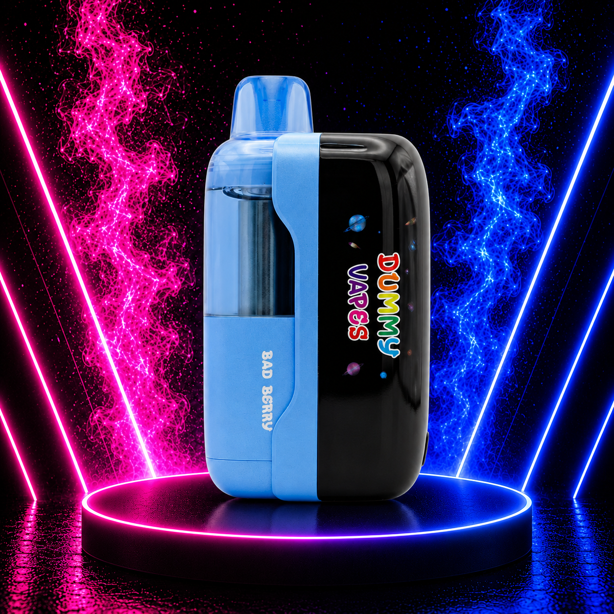Dummy Vapes Bad Berry disposable vape device with neon smoke background, rechargeable vape featuring bold berry flavor and modern compact design.