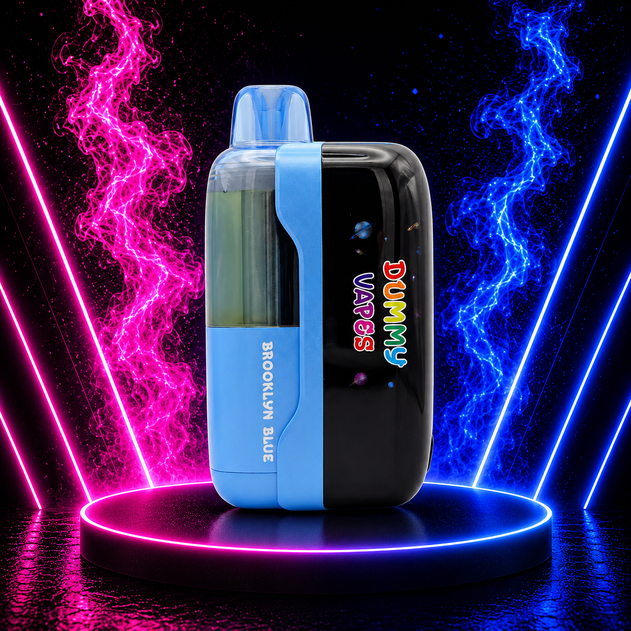 Dummy Vapes Brooklyn Blue disposable vape with blue flavor design and premium rechargeable device displayed on neon smoke background
