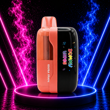 Dummy Vapes Gooba Grape disposable vape device with grape flavor, colorful neon smoke background and premium product showcase design.