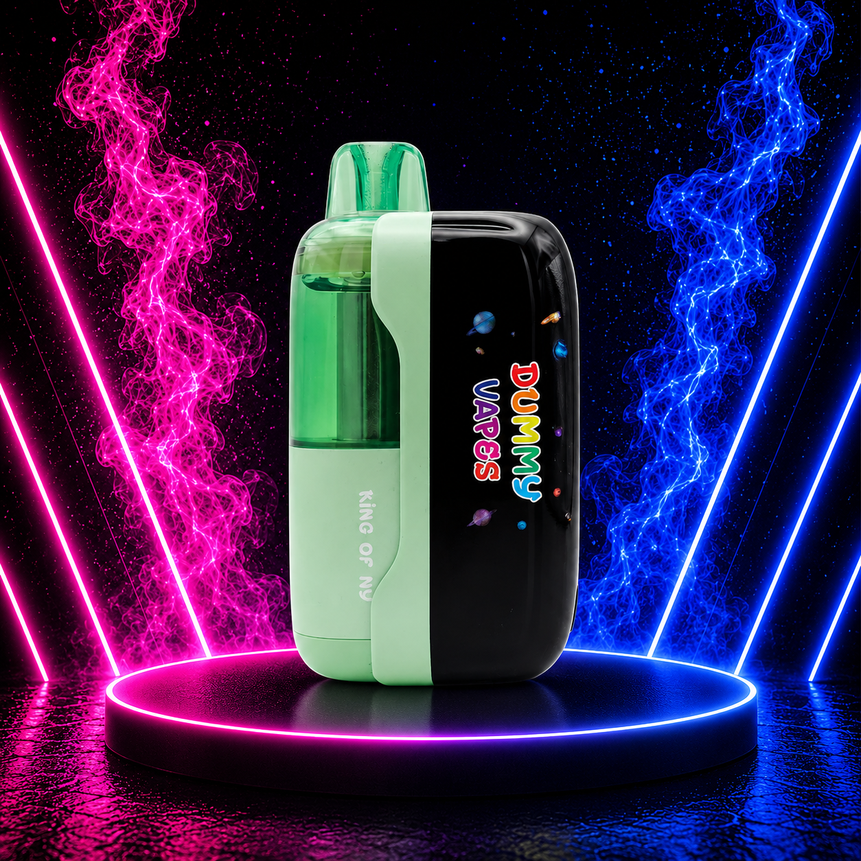 Dummy Vapes King of NY disposable vape device with neon smoke background featuring mint green and black design for vape product showcase.