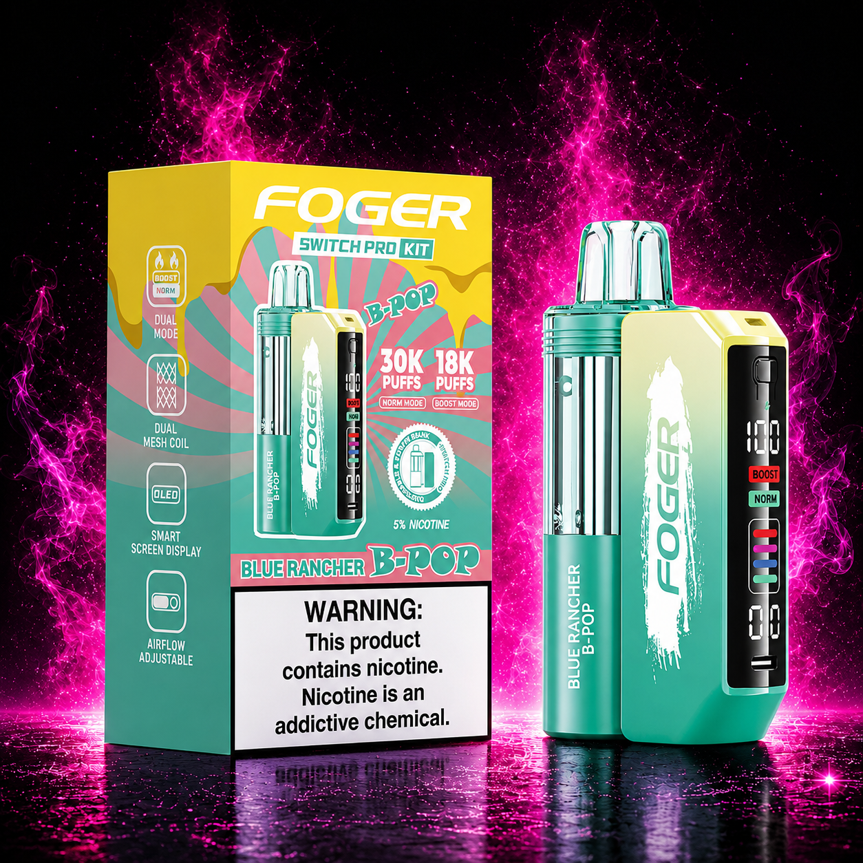 Fogger Switch Pro Kit Blue Rancher B-Pop 30K disposable vape with neon pink smoke background and premium vape design