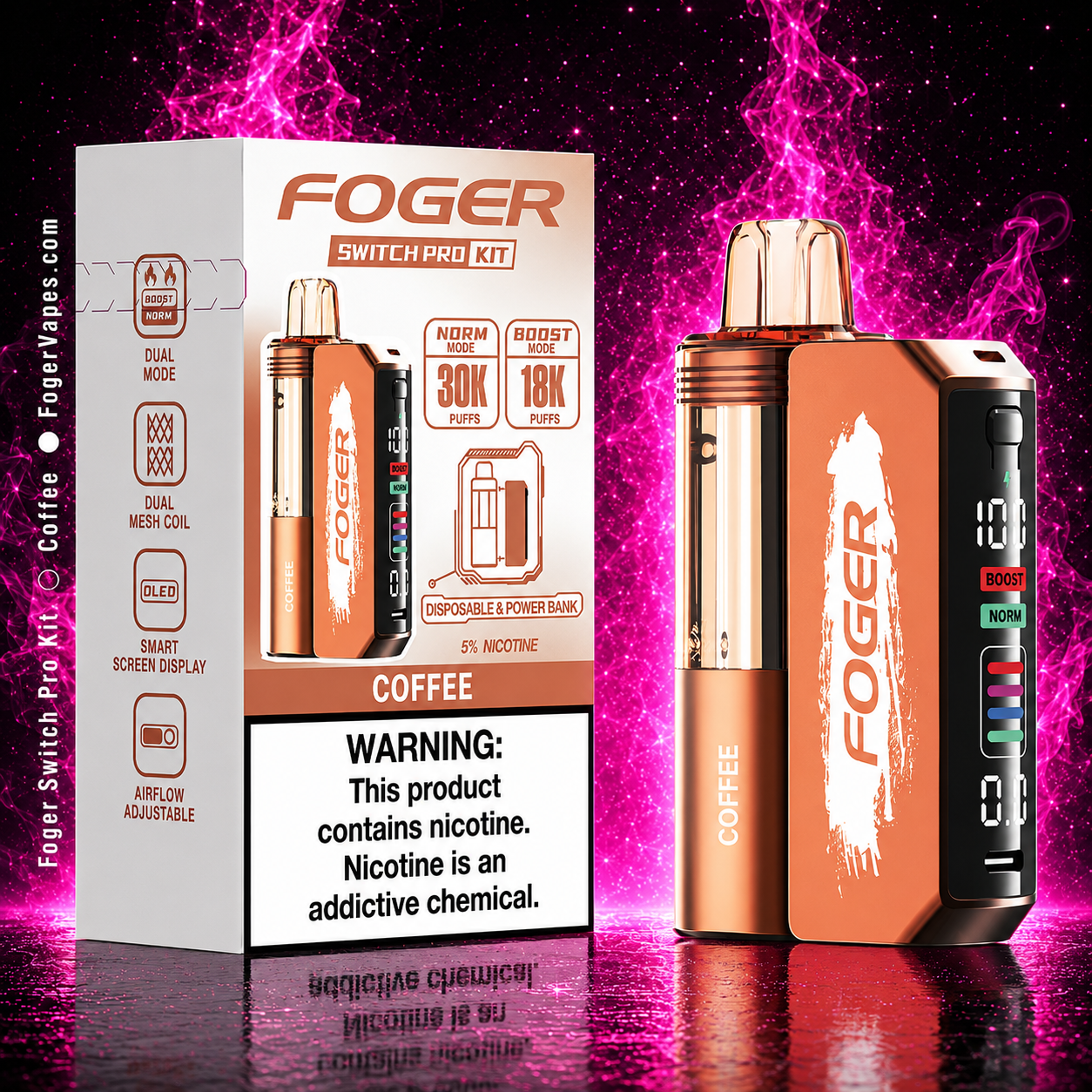 Foger Switch Pro Kit Coffee flavor disposable vape with neon pink smoke background featuring 30K puffs, boost mode, smart display screen, rechargeable vape device, and premium coffee vape flavor design.