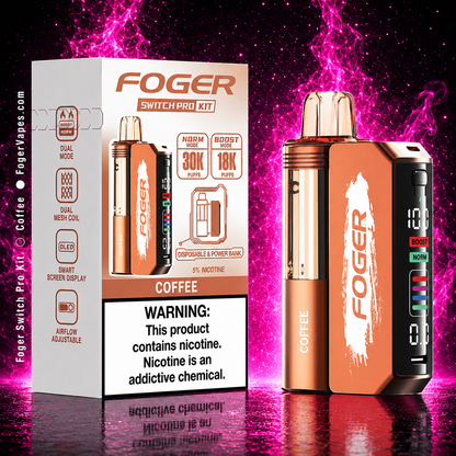 Foger Switch Pro Kit Coffee flavor disposable vape with neon pink smoke background featuring 30K puffs, boost mode, smart display screen, rechargeable vape device, and premium coffee vape flavor design.