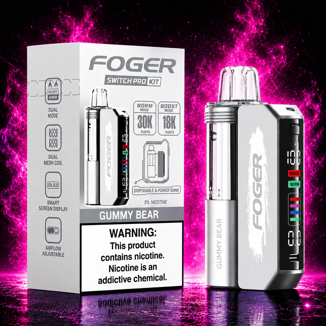 Fogger Switch Pro Kit Gummy Bear 30K disposable vape with neon pink smoke background and premium vape design