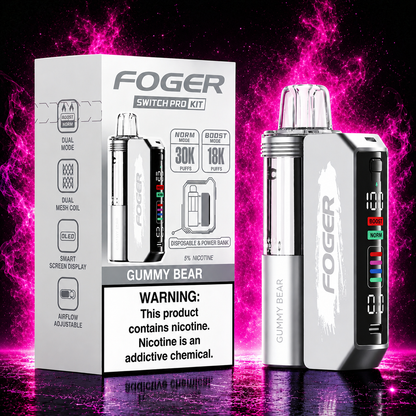 Fogger Switch Pro Kit Gummy Bear 30K disposable vape with neon pink smoke background and premium vape design
