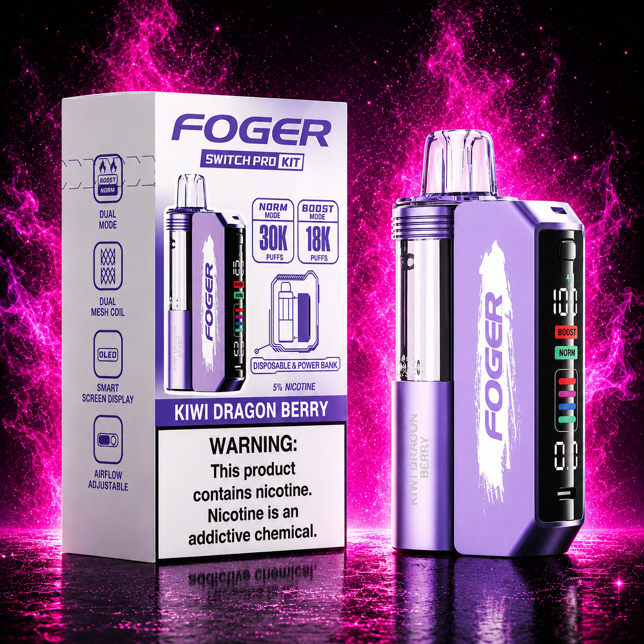 Fogger Switch Pro Kit Kiwi Dragon Berry 30K disposable vape with neon pink smoke background premium all flavors vape device