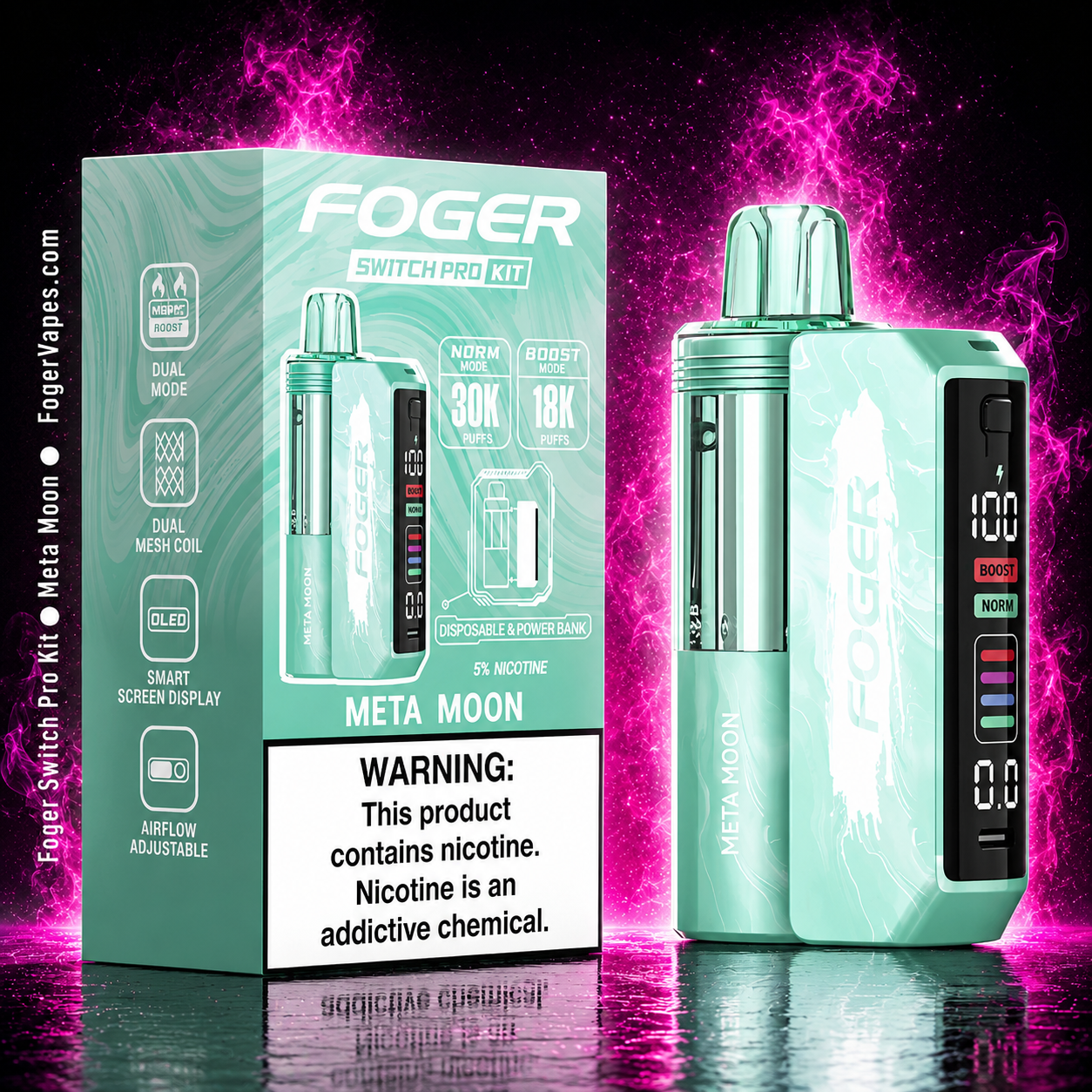 FOGER Switch Pro Kit Meta Moon disposable vape device with neon pink smoke background, mint green marble design, OLED smart screen display, dual mesh coil, and adjustable airflow.