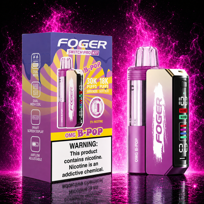 Fogger Switch Pro Kit OMG B-Pop 30K disposable vape with neon pink smoke background, dual mesh coil, OLED display, boost mode, and premium rechargeable vape device design